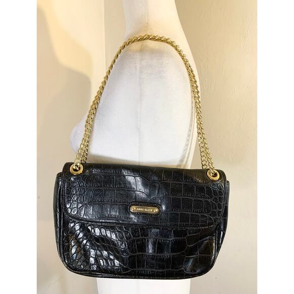 Anne Klein Black Faux Crocodile Skin Purse with Gold Chain Strap - Picture 10 of 10